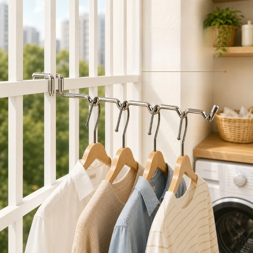 Stainless Steel Balcony Clothes Hanger Wave Shaped No Drill Railing Drying Rack Hook Mount Multiple Hanging Slots