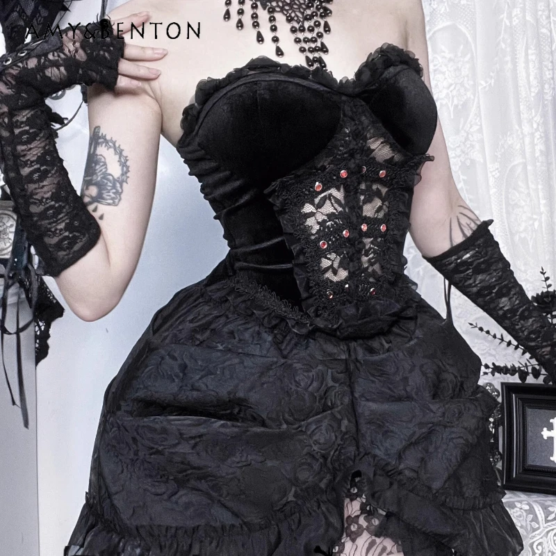 2025 Autumn New Halloween Gothic Dark Women's Tube Top Original Design Sexy Lace Hollow Out Hot Girl Long Dresses Sets Ladies