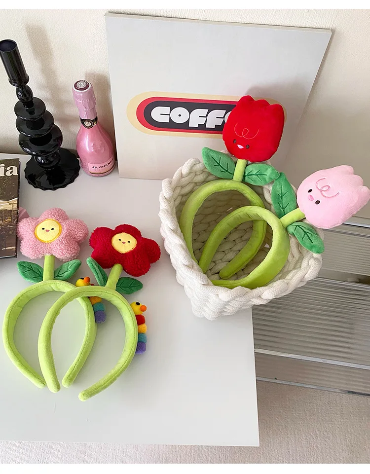 Kreative Plüsch Tuch Farbe Tulpe Blume Raupe Haarbänder Für Mädchen Frau Niedlichen Cartoon Gesicht Waschen Make-Up Stirnband Mode – Detail 6