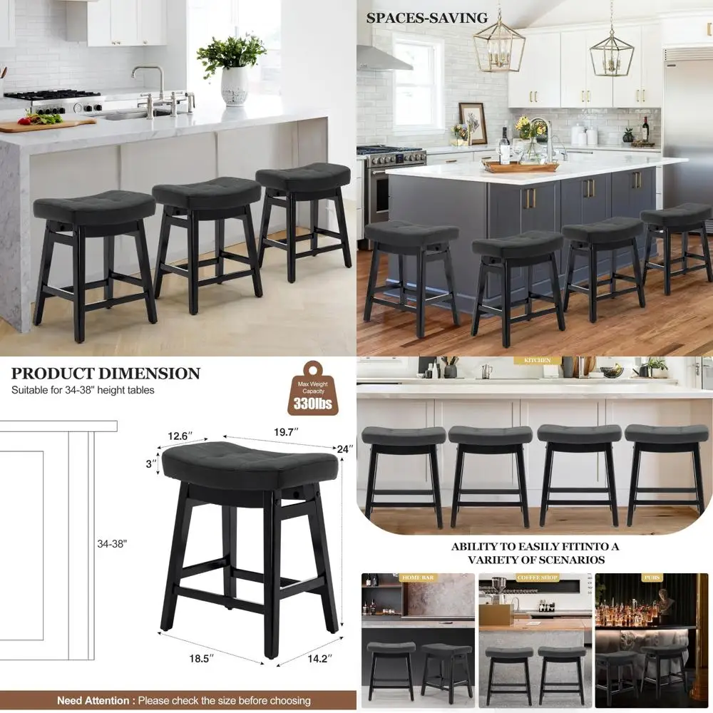 Set of 3 Counter Height Stools, Upholstered Leather Seats, Solid Wood Legs, 24 Kitchen Bar Stool