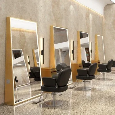 High-end barber shop mirror floor lamp stainless steel hair perm and dye mirror hair salon mirror.