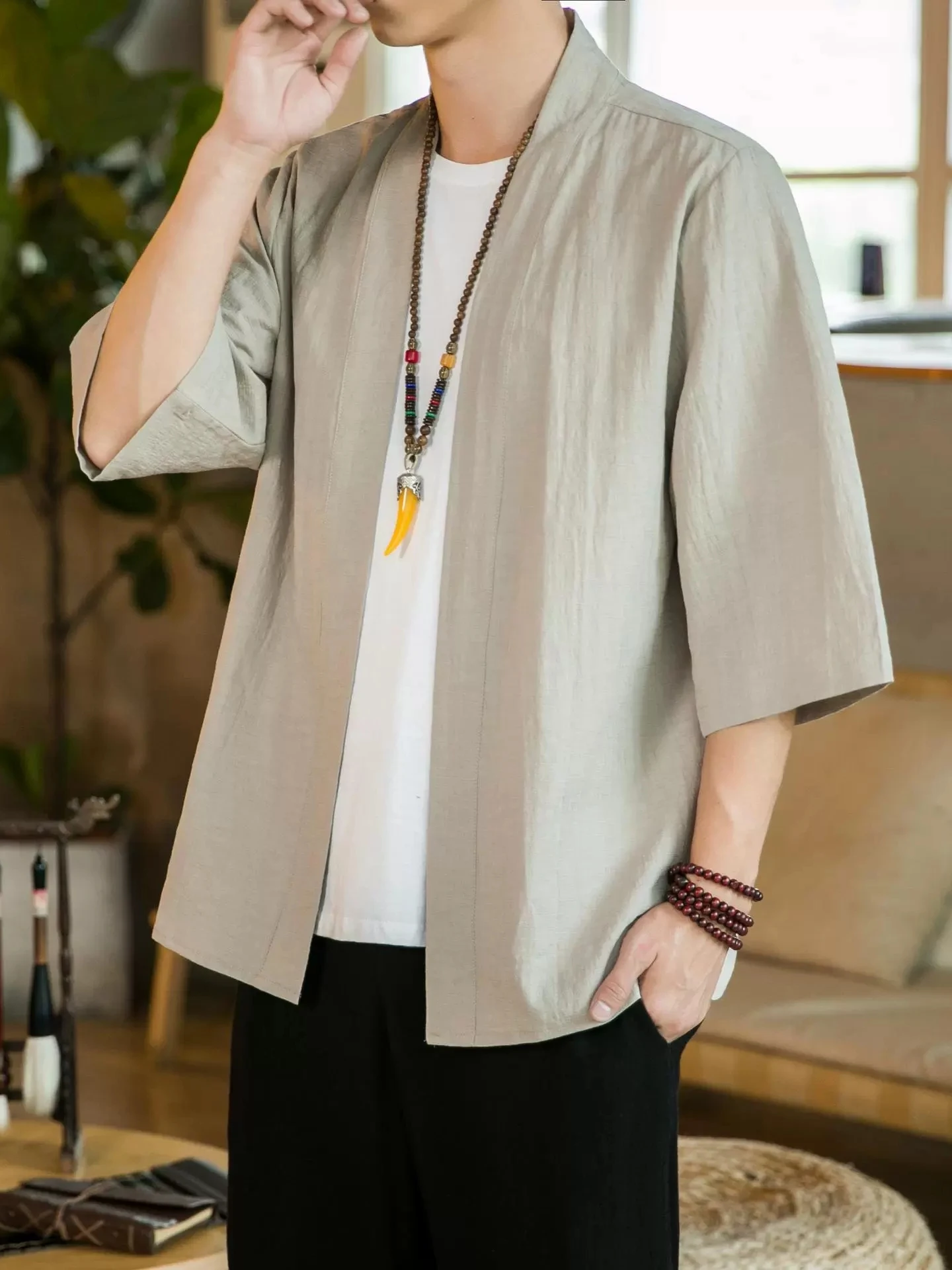 春夏ユース人気の純色半袖漢服ジャケット大きいサイズ薄手綿麻メンズトップスウインドブレーカーカジュアルウェア