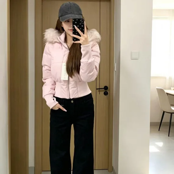 American Short Winter Down Cotton Jaet Women's Coat Warm Fce Collar Hooded Durin Pink Zipper