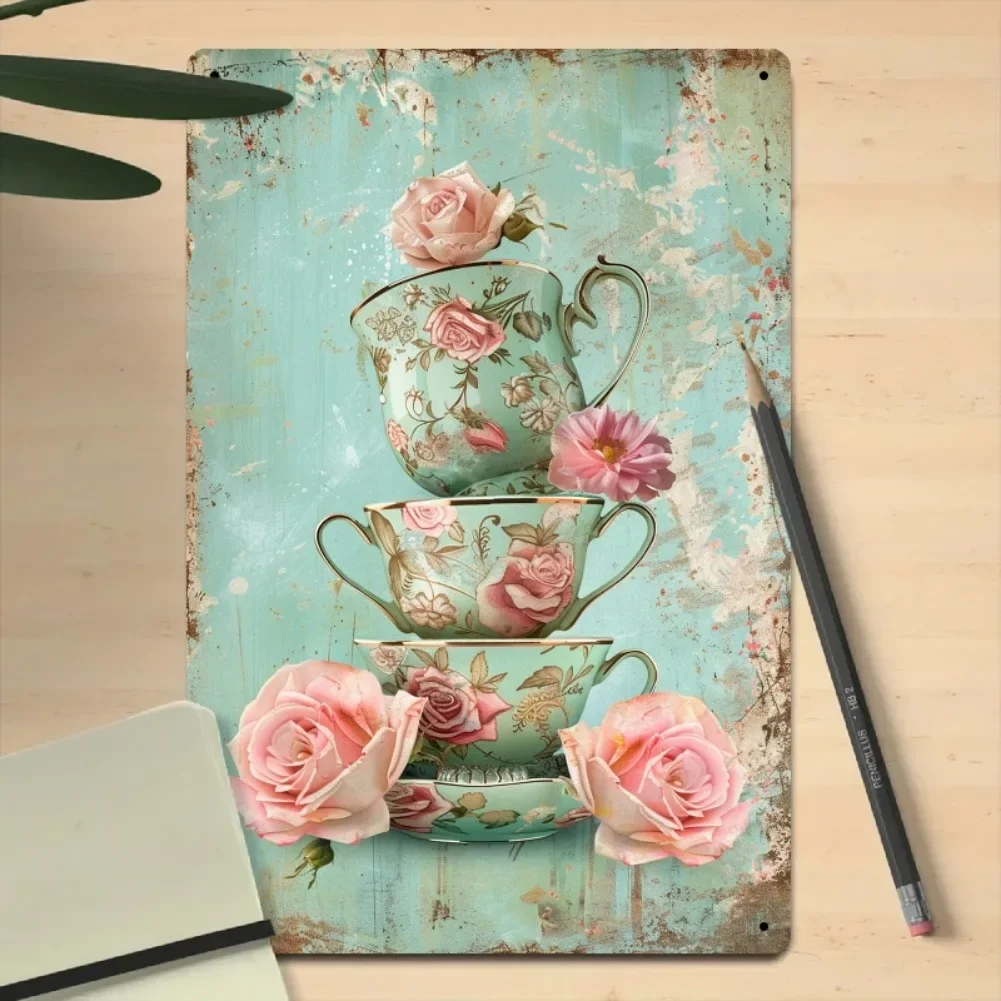 Vintage-Wanddekoration aus Metall, 20,3 x 30,5 cm, künstliches Teetassen-Schild, Retro-Café-Kunst für Teeparty