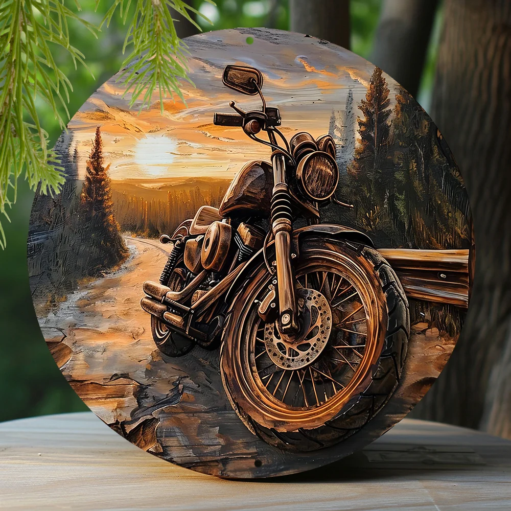 Round Metal Sign Faux Wooden Carved Painted Circular Wreath Sign Entrance Decoration Men Gifts Motorcycle Themed Decoration