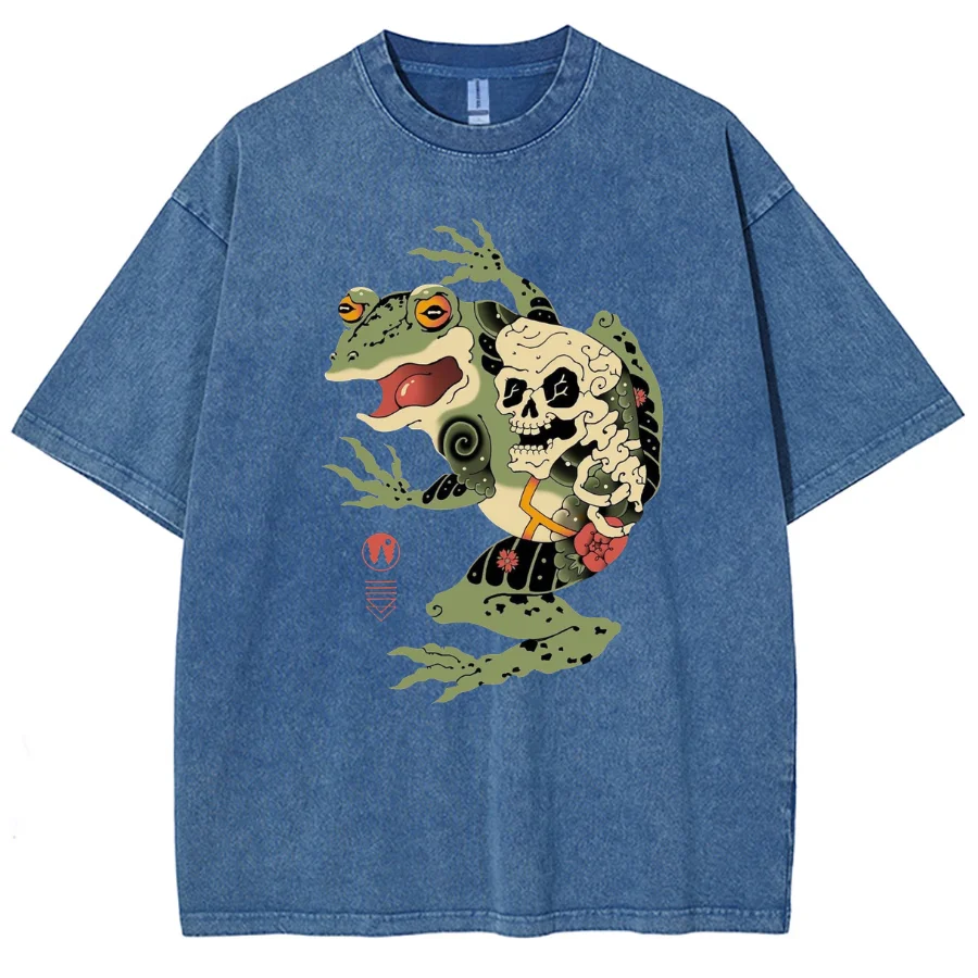 Vintage Frog Skull Print Women's Washed T-Shirt Cotton Oversized Mid Sleeve Unisex Casual Funny Fashion Top Summer Tee Y2K