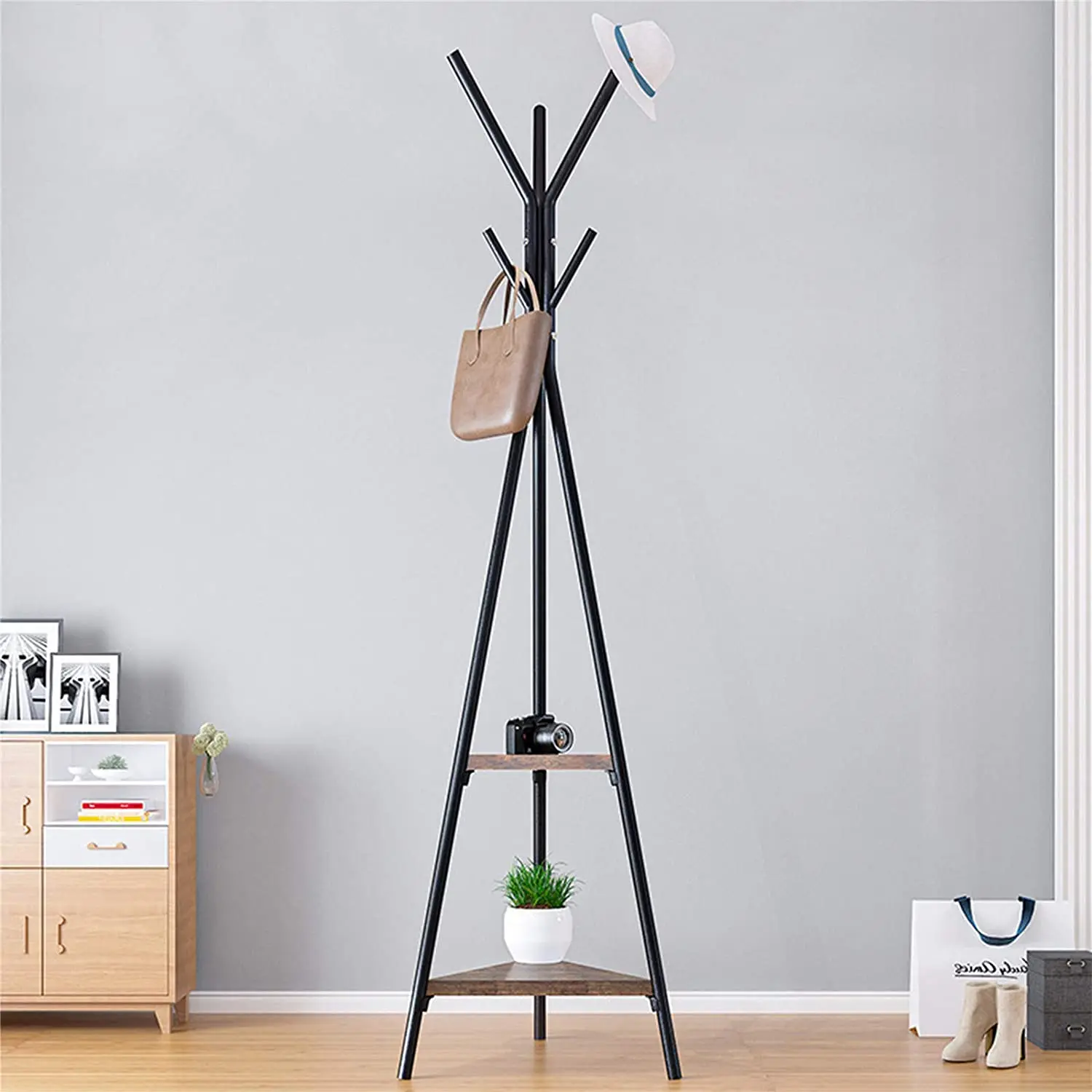 Formwell-Clothes Rack Stand, Free Standing Display, Hall Tree Metal Hat Hanger, Garment Storage Holder, 6 Hooks, 2 Shelves