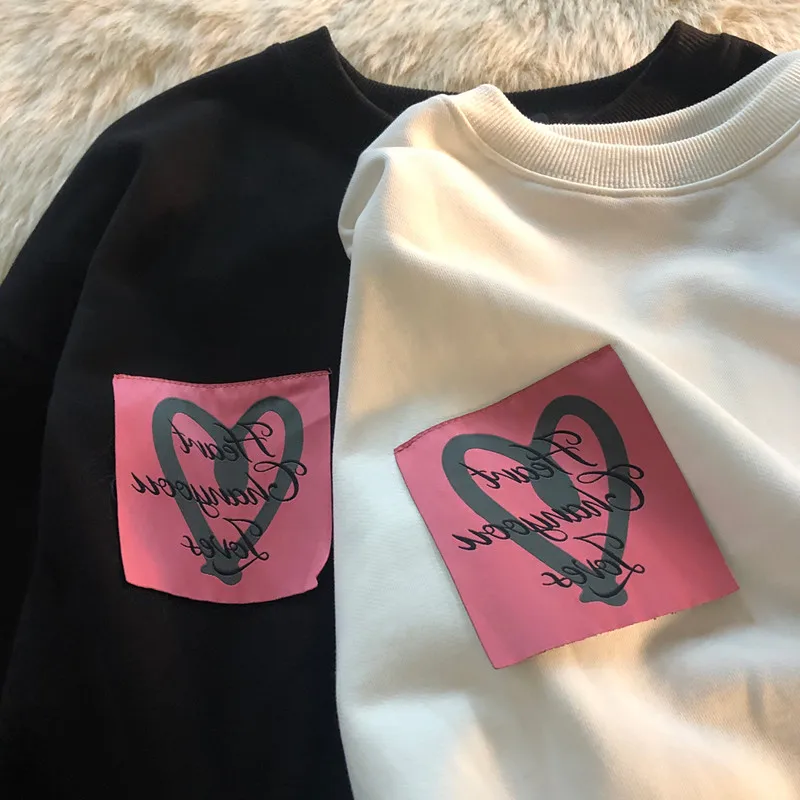 Long Sleeve Heart-shaped Sticky Sweatshirt T-shirt Sweatshirts 2023 Autumn Loose Boyfriend Pullovers Women White Oversized Tops