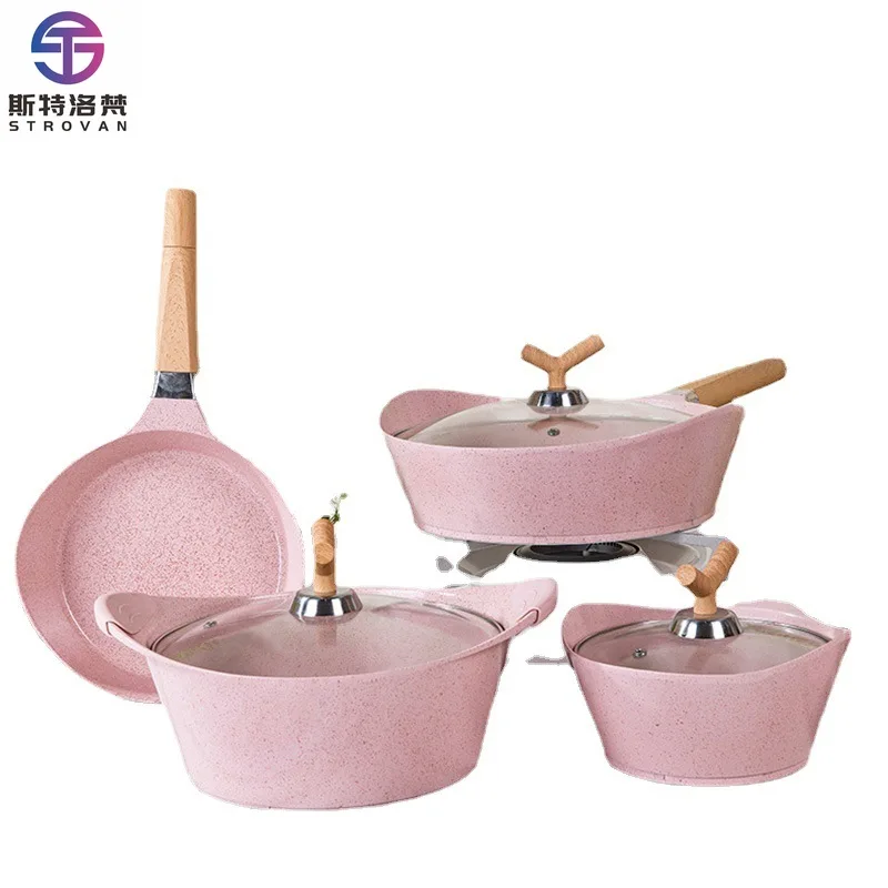 

Medical Stone 15 Pieces Aluminum Non-stick Cookware Set Kitchen Soup Pot Milk Pot Frying Pan Set with Glass Lid