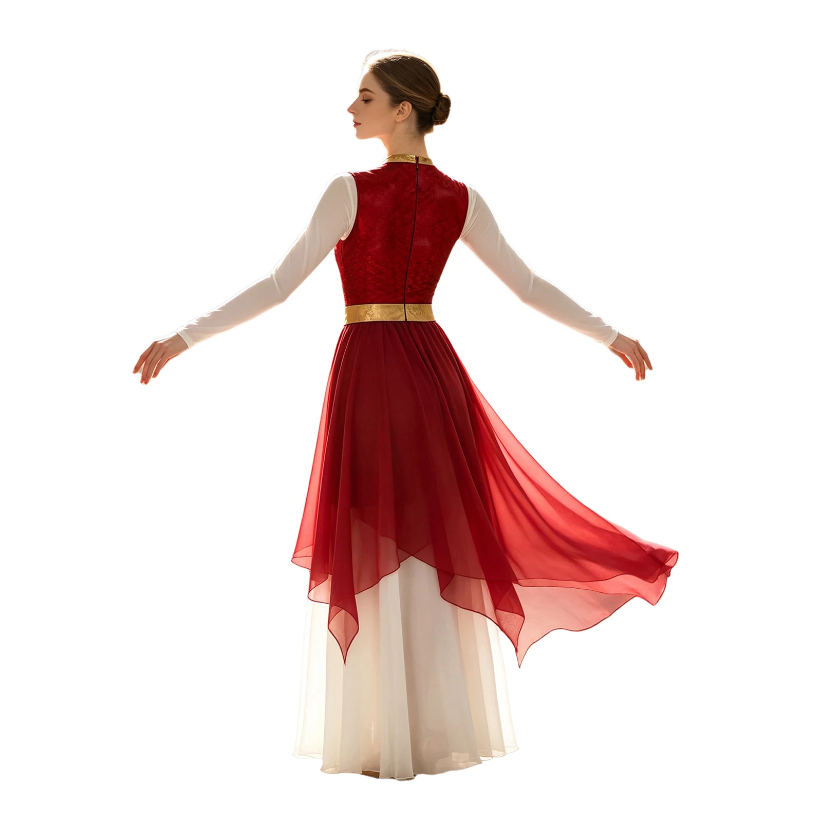 Damen-Lyrik-Tanzkleid, Kostüm für Gottesdienste und Lobgesänge, mit Metallic-Print, aufgesetztem Oberteil, Schlüssellochausschnitt vorne, ärmellos, unregelmäßiger Saum, Tunika-Kleid. – Detail 7