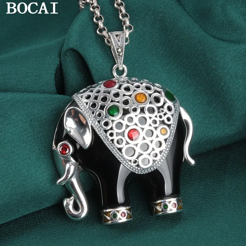 

BOCAI NEW S925 Sterling Silver Retro Stylish Simple Elephant Pendant Women's