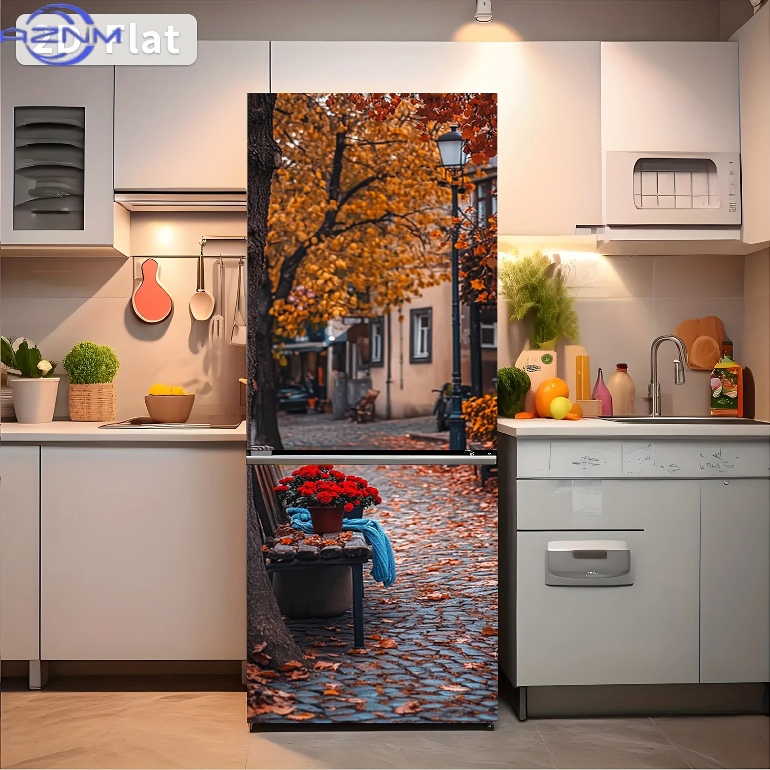 1pc Autumn Alley Bench Refrigerator Sticker | Self-Adhesive Wallpaper Decor For Cabinets And Wardrobes, Modern Kitchen Home De