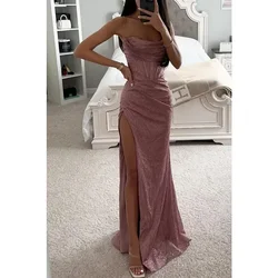 Party fashion camisole dress straight neck sleeveless solid color slim fit slit high-end atmospheric casual sexy dress