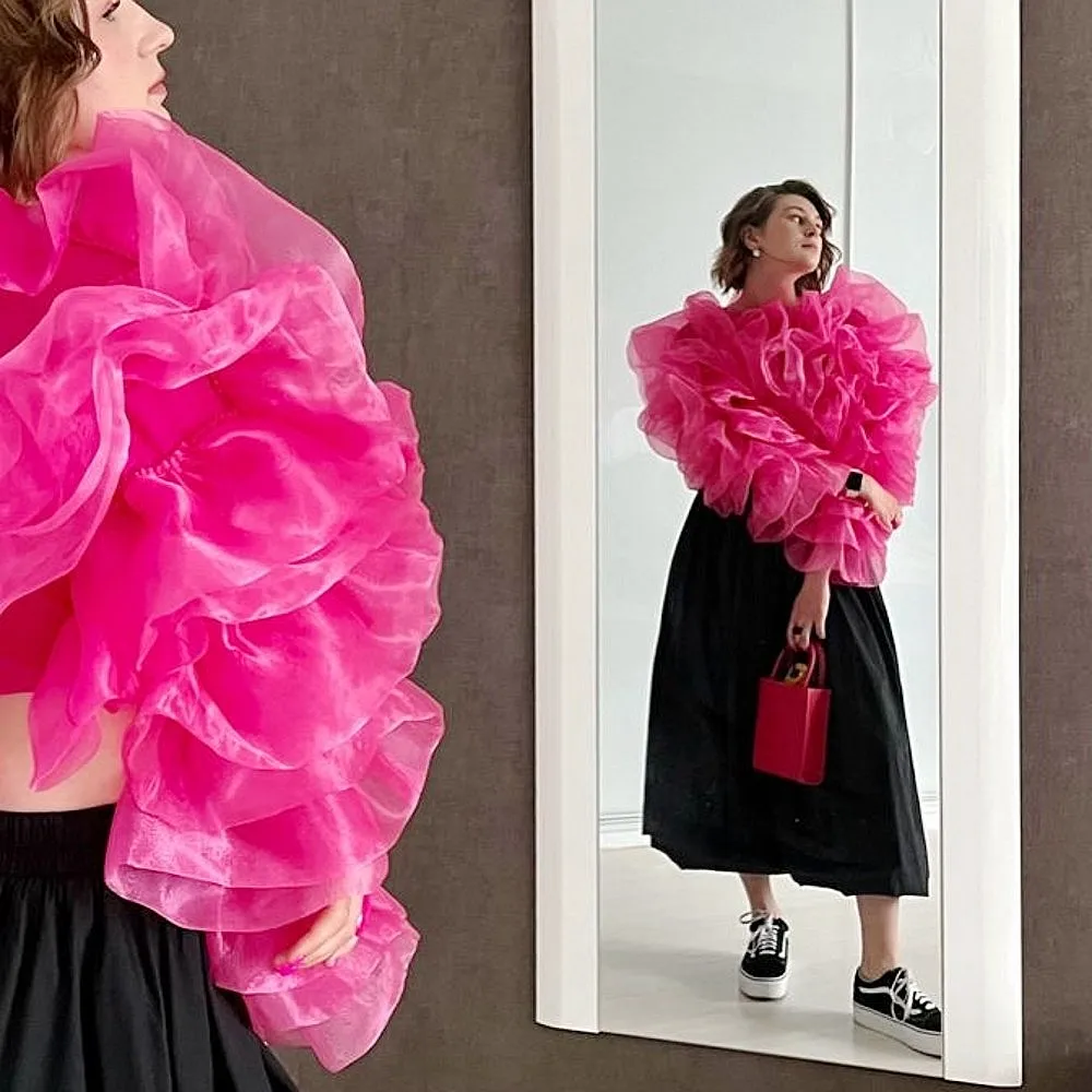 

Ярко-розовое женское пальто из органзы ручной работы, многослойное, с длинными рукавами, из тюля, для девочек, на день рождения