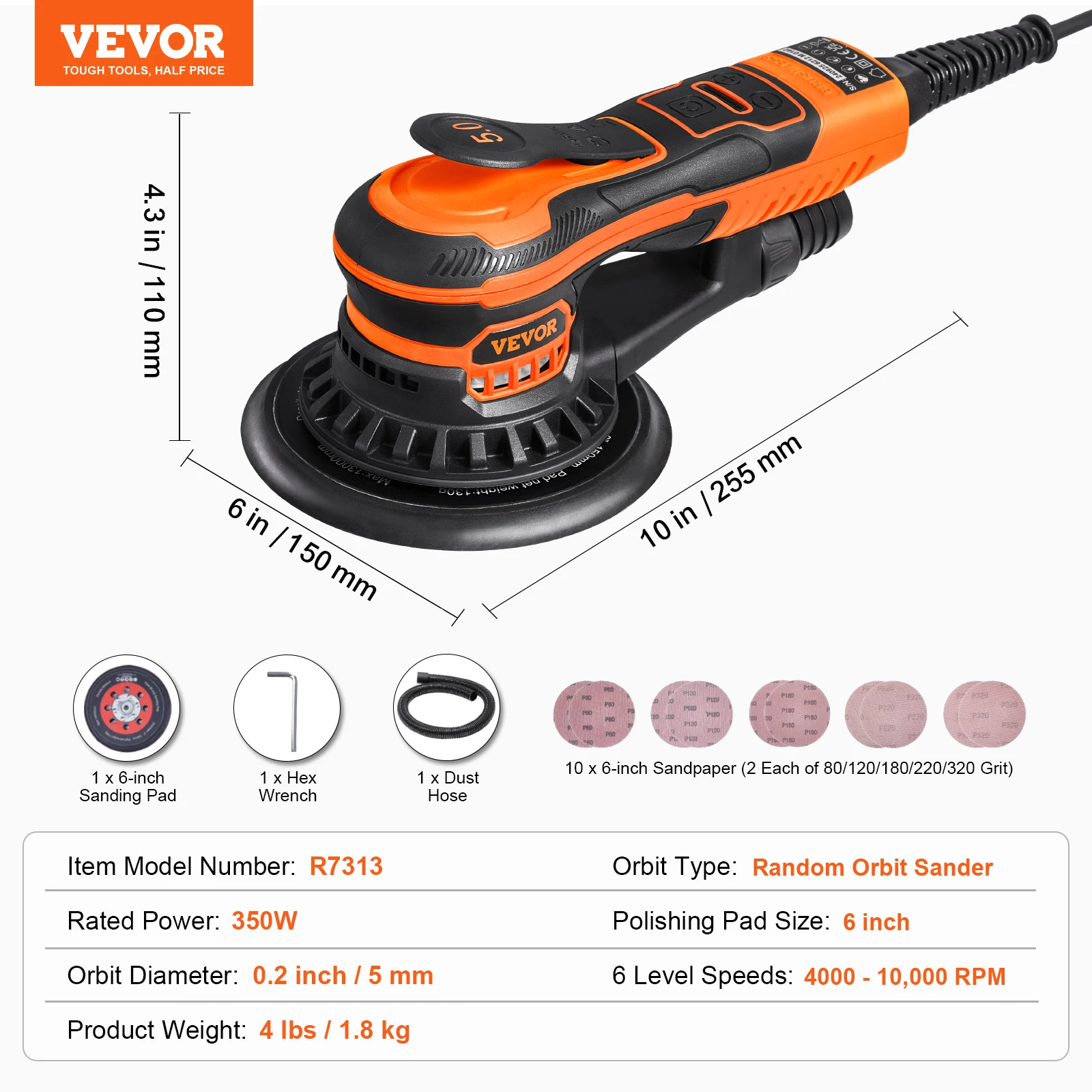 350W Brushless 10000 PRM 6 Variable Speed Electric Orbital Sander for Woodworking D - view 5