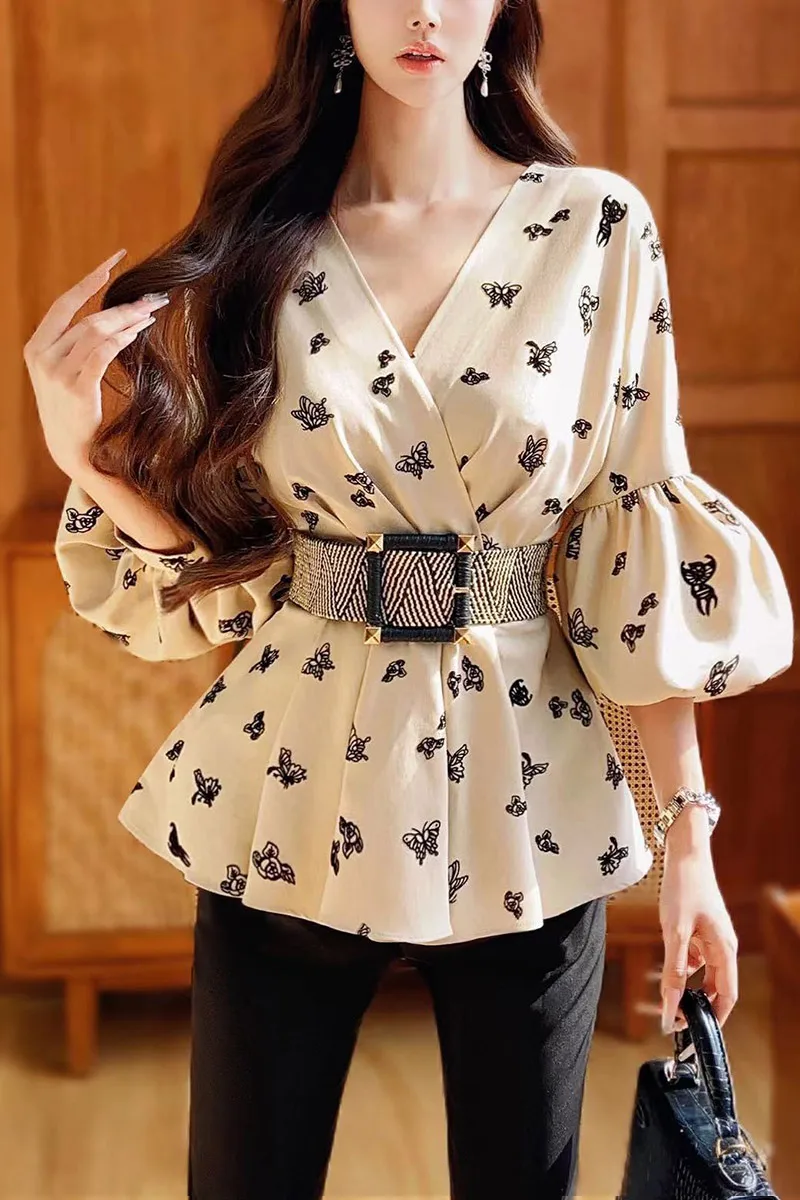 DABUWAWA  Sequined Belt Tops Woman 2024 Gothic Shirts & Blouses Flocking Bow Lantern Sleeve Y2k Clothes DA1CST005