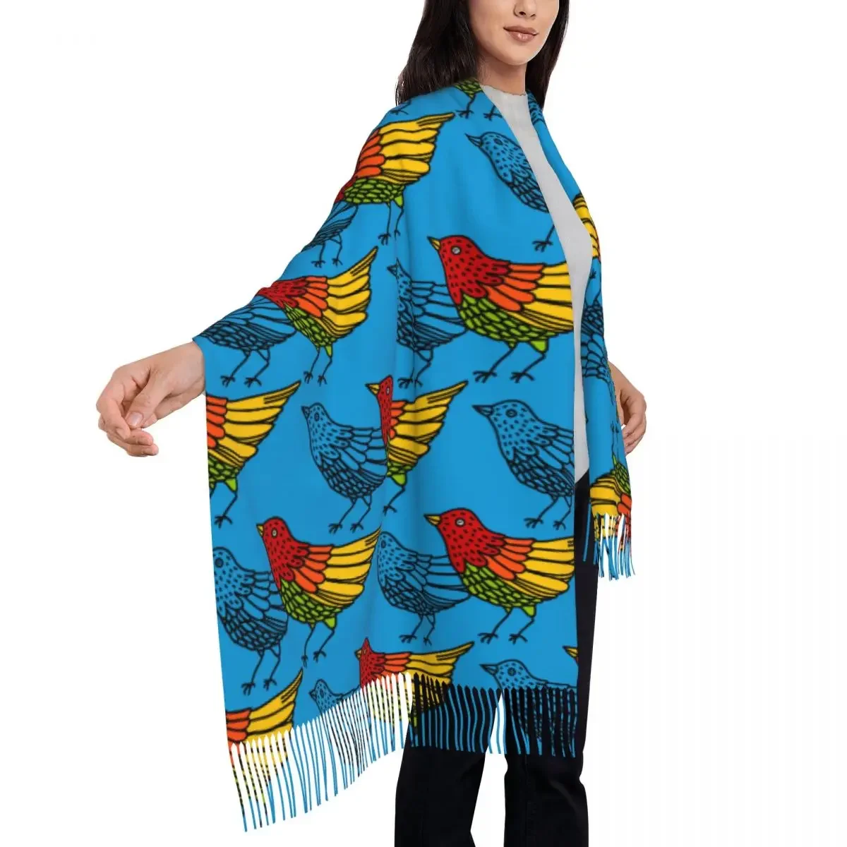 Colorful Hand Drawn Bird Women's Tassel Shawl Scarf Fashion 