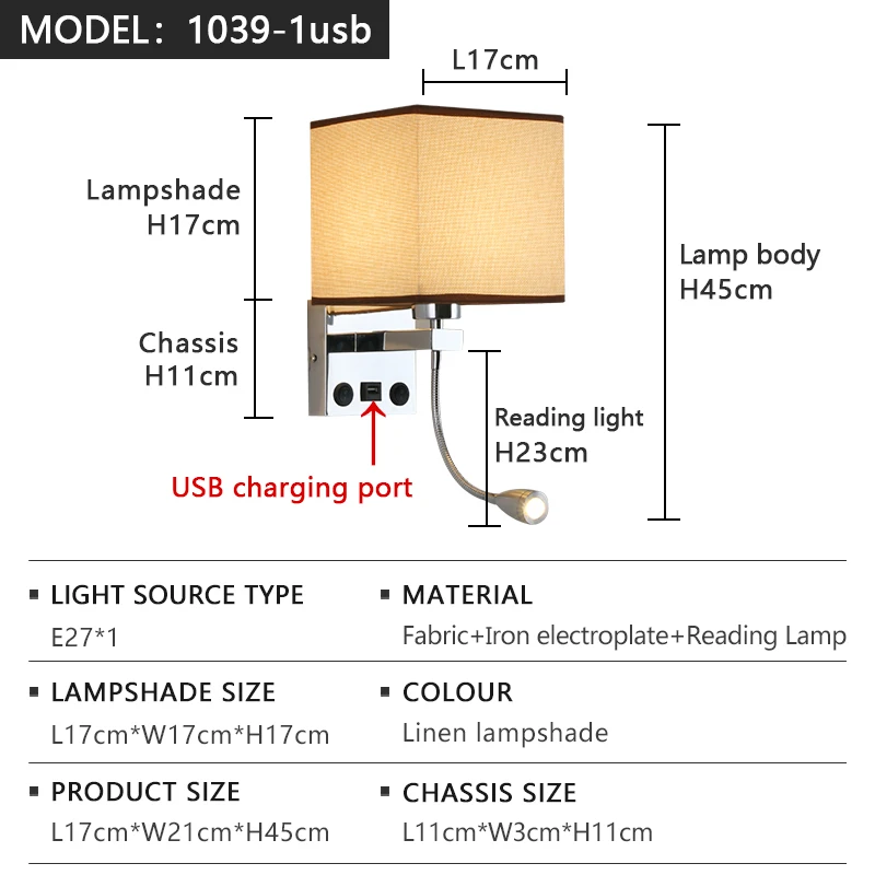 Modern LED Wall Lamp American Fabric Retro with Switch USB Interface Reading Lamp for Living Room Hotel Bedroom Bedside Lamp image 3