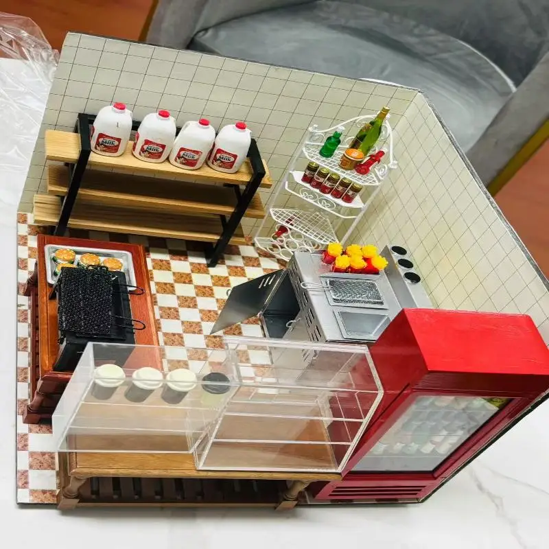 مجموعة محاكاة خزانة المطبخ لبيت الدمى مع حامل طهي فرنسي مصغر قابل للتكديس