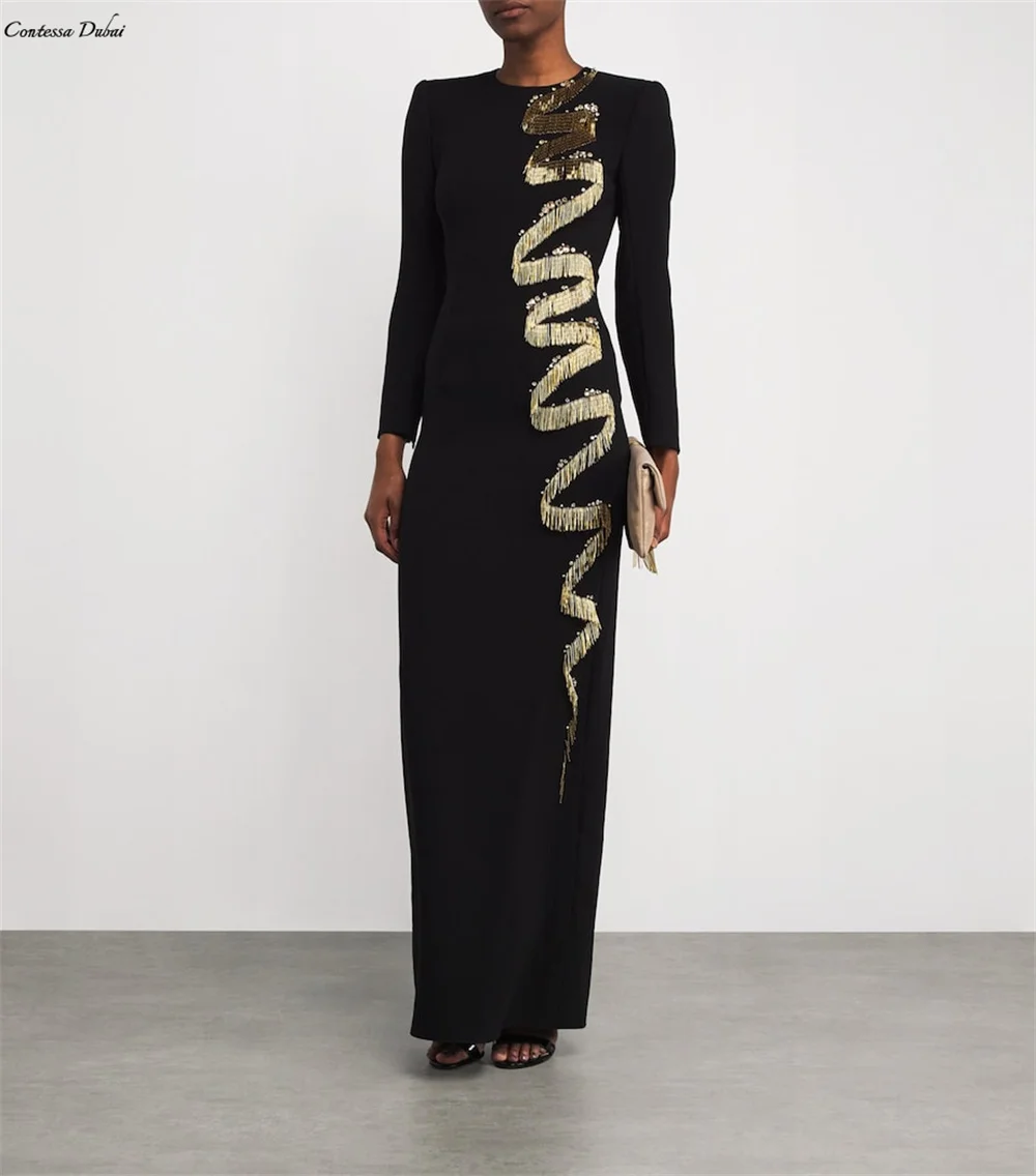 Contessa vestido de noite personalizado vestido de baile elegante vestido de crepe preto manga longa gola redonda até o chão com franja de lantejoulas douradas