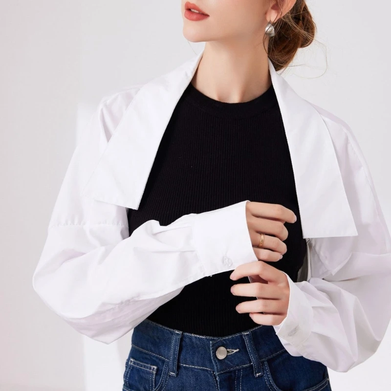 Chaquetas blancas elegantes con cuello falso para mujer, Top corto manga larga con frente abierto, encogimiento hombros