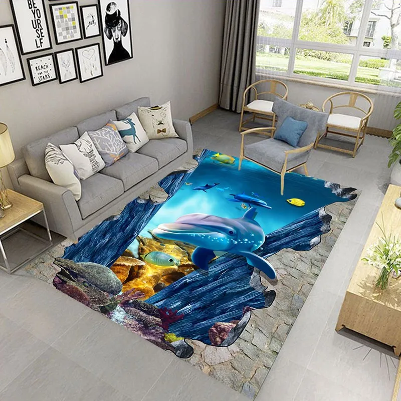 Reese Velvet Japanese Carpet Rug Living Room Parlor Modern Soft 3D Cartoon Dolphin Out Of Water Floor Protection Kids Room Decor