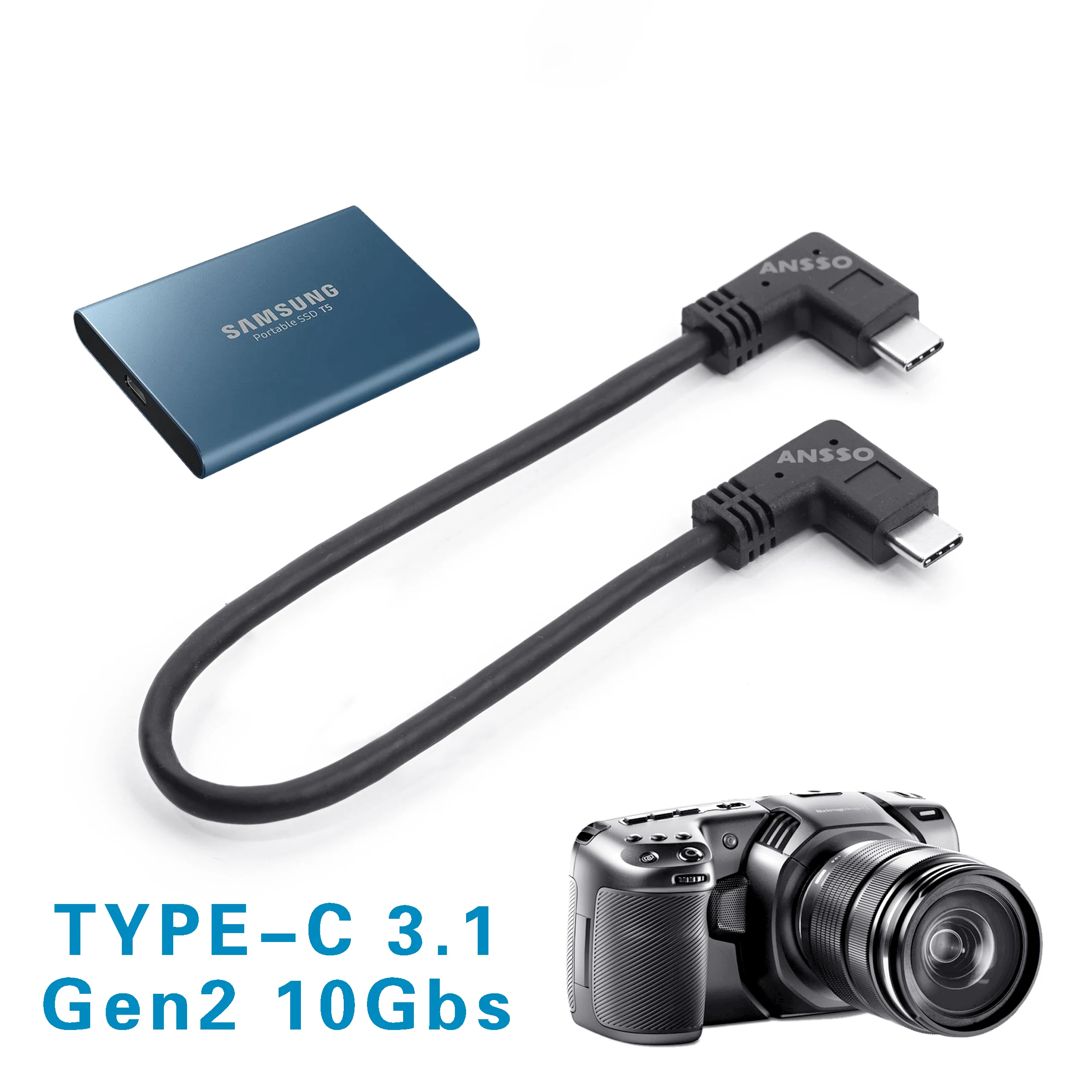 20cm Type C3.1 Gen2 10Gbps Cable USB C to Type C Elbow Cable Cord for Camera SSD Solid State Drive T5 T7 Data Cable for Sumsung