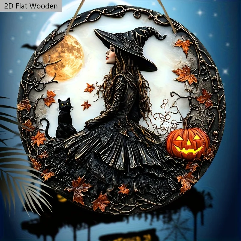 مسطح ثنائي الأبعاد، قطعة واحدة، 7.87 بوصة لافتة خشبية لساحرة الهالوين والقطة السوداء - لافتة عيد الهالوين اليقطين الإرهابية الفريدة للباب الأمامي، معلقة على الحائط #2