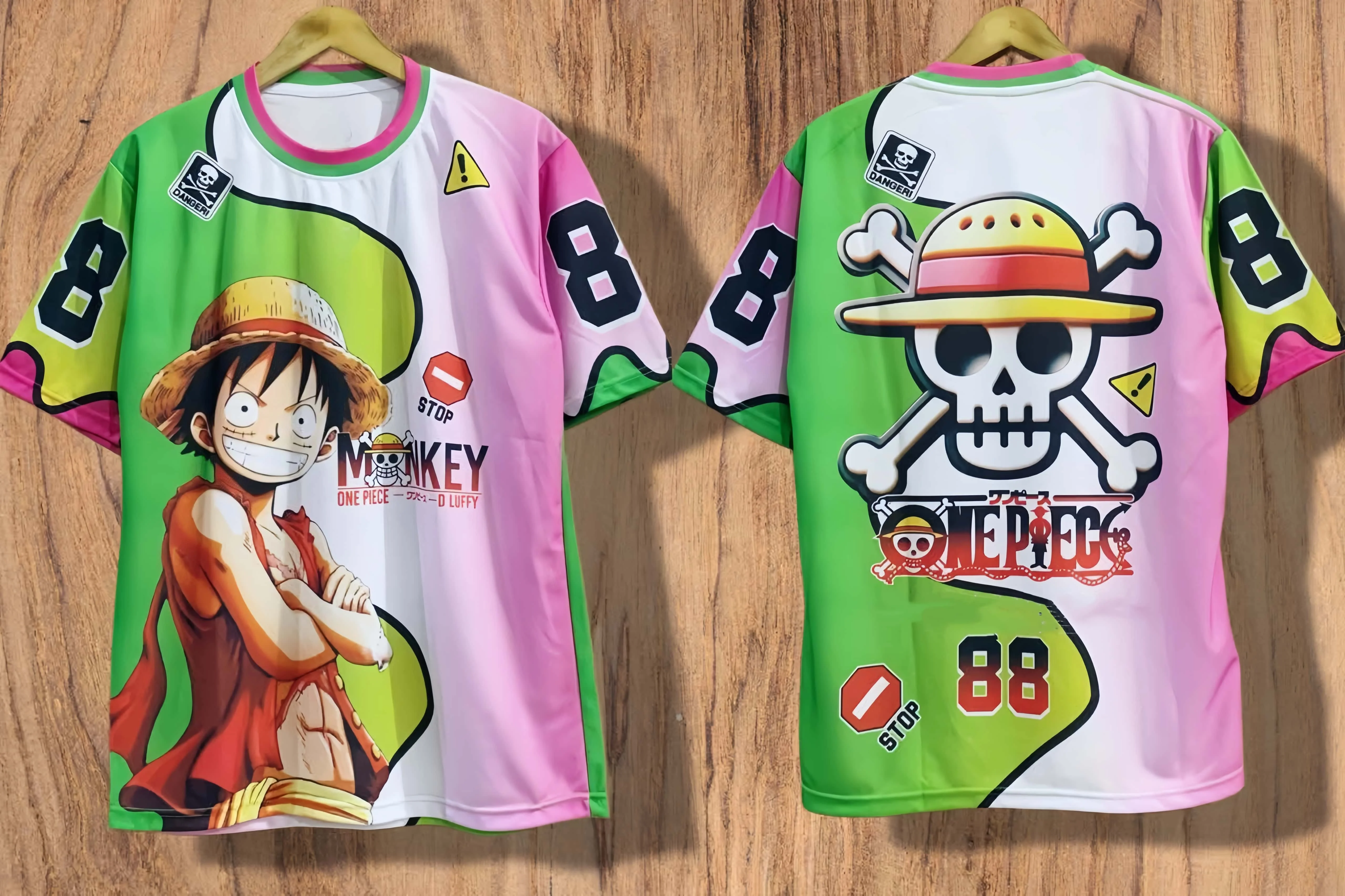

One Piece Luffy Pink Green Contrast T-shirt Straw Hat One Piece 88 Anime Peripheral Summer New Men's and Women's Short Sleeves