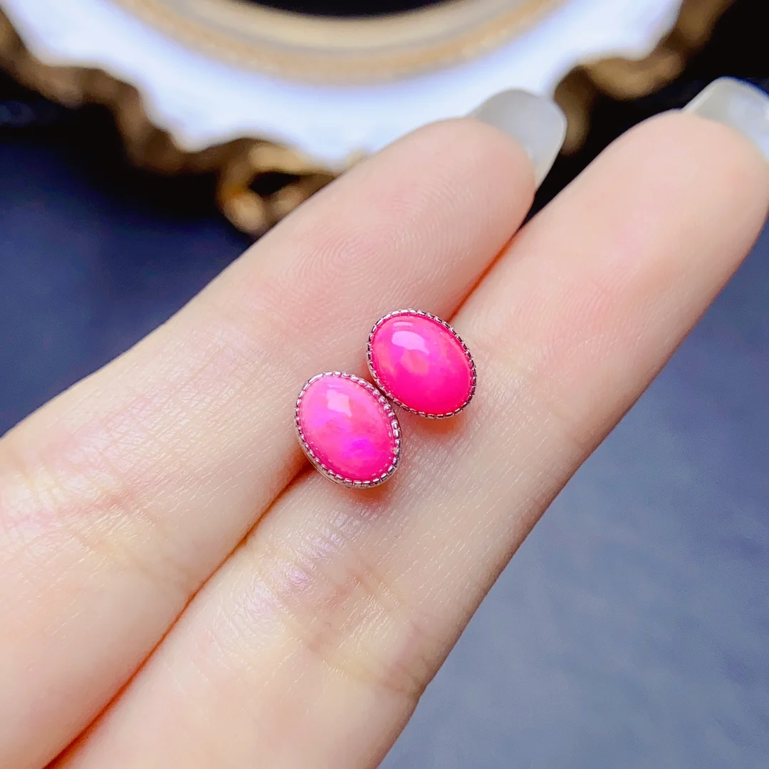 Imagem -03 - Brincos de Opala de Prata Esterlina para Mulheres Corte Cabochão Oval Rosa Natural Presente para Mulheres 5x7 mm 925