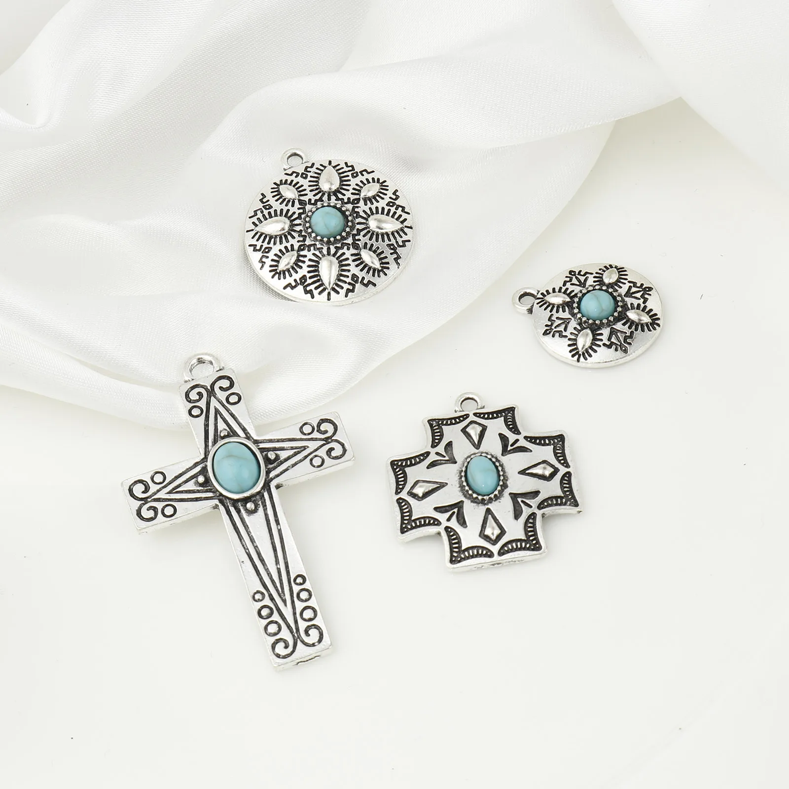 Bohemian Metal Charms Cross Antique Silver Color Blue With Resin Cabochons  Pendant DIY Necklace Jewelry,5PCs