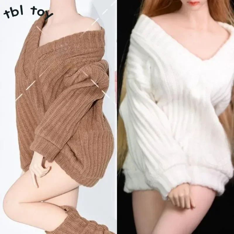 1/6 Scale Female Striped V-neck Sweater Imitation Knitted Sweater Dress with Socks for 12