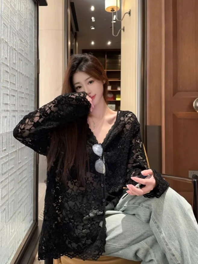 Gaganight Women Black V neck French Sexy Hollow Lace Shirt 2024 Women's Autumn New Spicy Girl Korean Chic Loose Layered Top