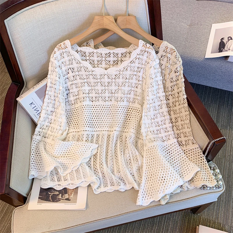 plus Size Knitted Sweater Hollow out Floral Embroidery Casual Top Pure Color Overalls Spring Autumn Faion Bell Sve Outer...