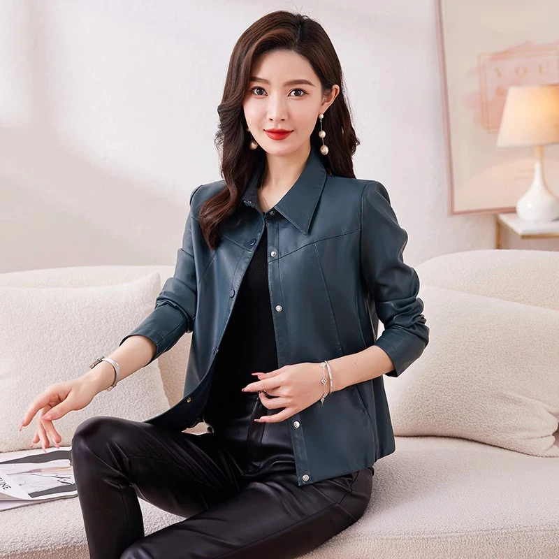 New Women Short Leather Coat Spring Autumn Fashion Turn-down Collar Single Breasted Casual Slim Jacket Split Leather Outerwear