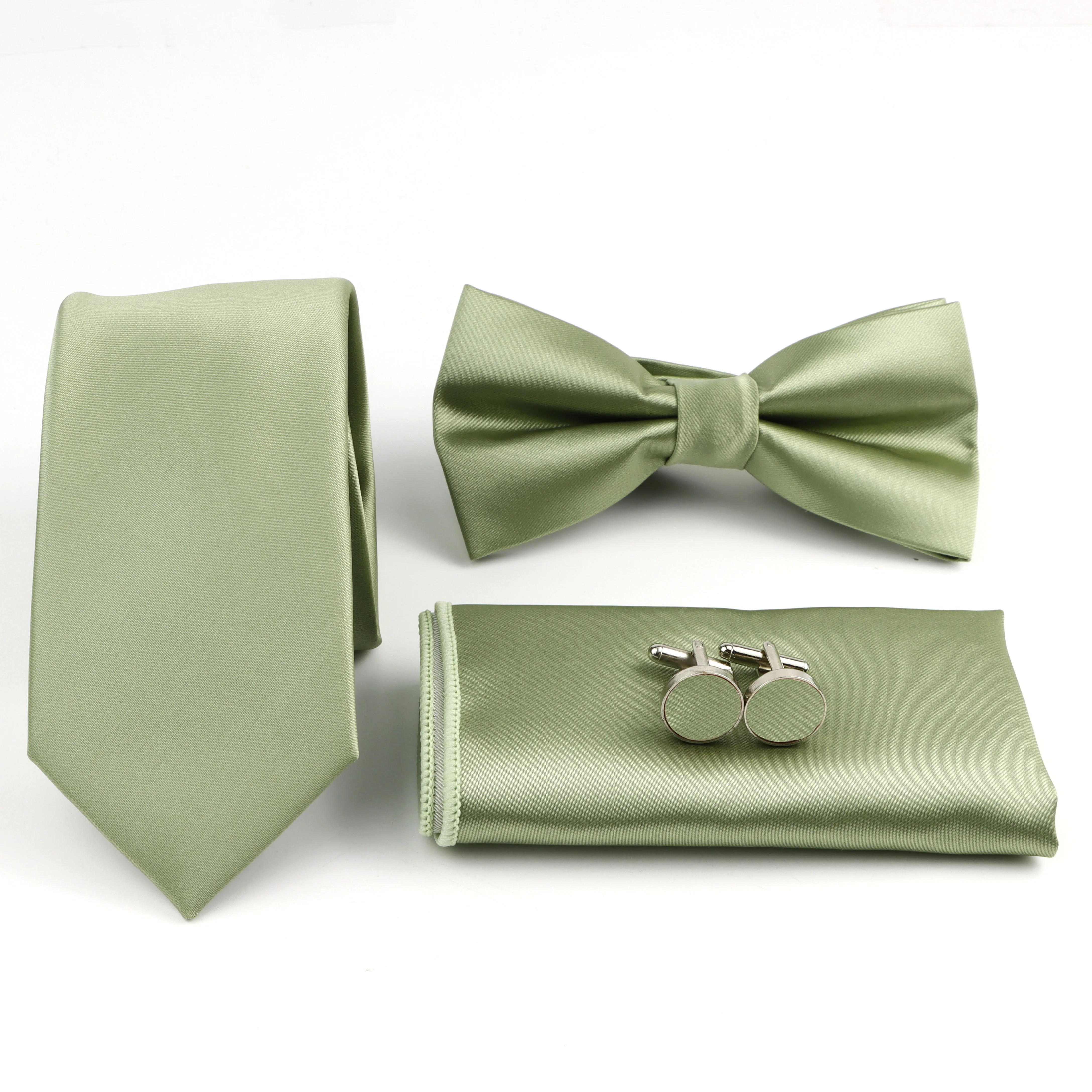 Ensemble cravate, nœud papillon, pochette et boutons de manchette pour homme, couleur unie vert sauge et vert foncé, en polyester, accessoires de costume de mariage pour le marié