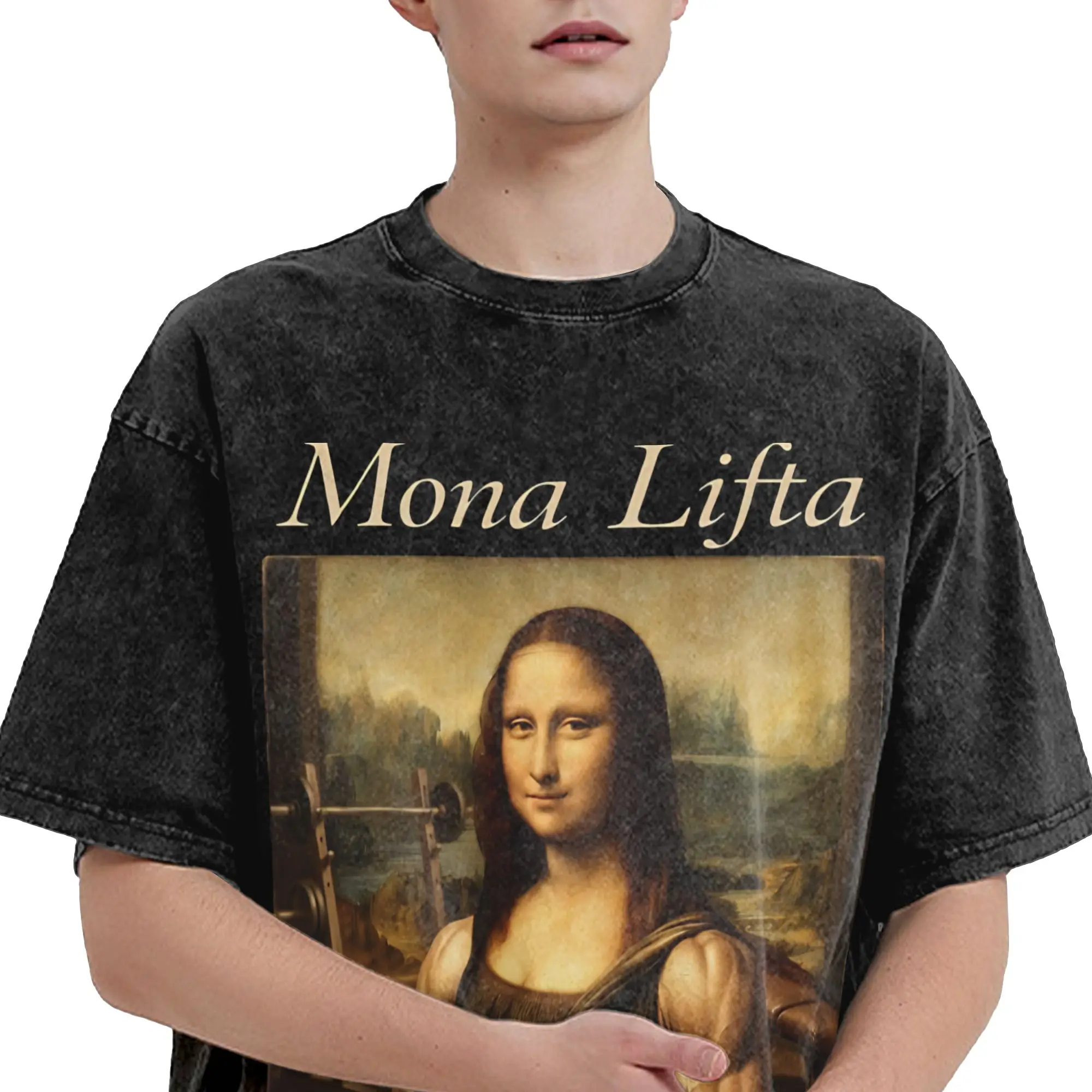 Summer La Gioconda Mona Lisa Gym Lover Washed T Shirt Merch Harajuku T-Shirts  Men Women Tee
