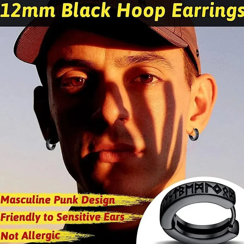 2pcs Stainless Steel Norwegian Viking Rune Hoop Earrings for Men Woman, 12mm Huggie Hoop Religious Earring Piercing Jewelry
