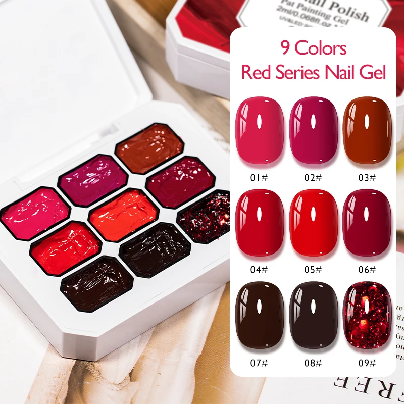

9 Colors Pat Painting Gel Nail Polish,Wine Red Patting Glue Smudge Canned High Saturation Popular Semi-Solid Nail Polish Glue