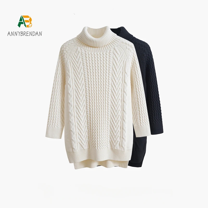 

Cotton Thickened Cable-Knit Turtleneck Sweater Women's Bag Hip Mid-Length Pullover Sweater Loose