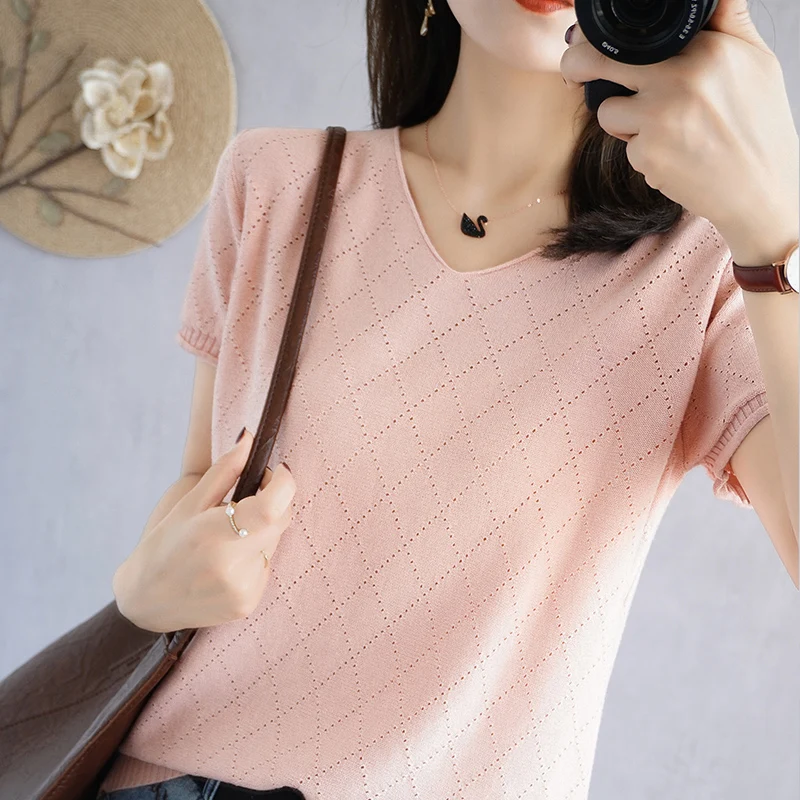 新しい女性の Tシャツ綿 100% カジュアルピュアカラーニットセーター半袖 V ネック女性のトップルーズファッション Tシャツ