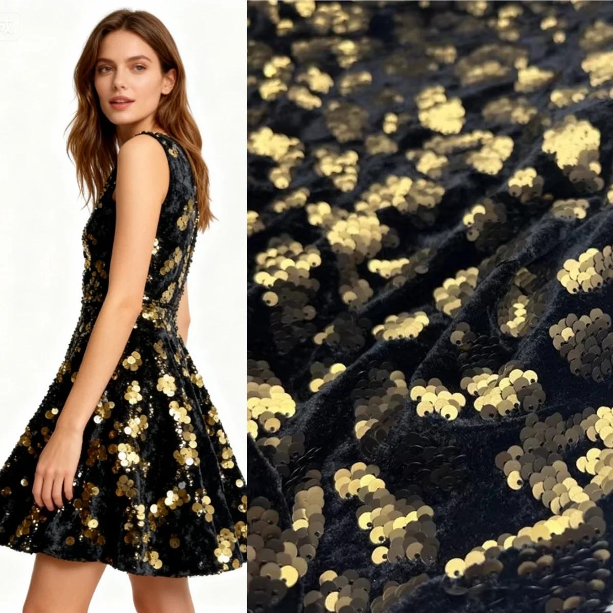 

Осень и зима, новая черная золотая бархатная ткань с блестками, модная одежда, эластичный бархатный комплект платья, теплая ткань