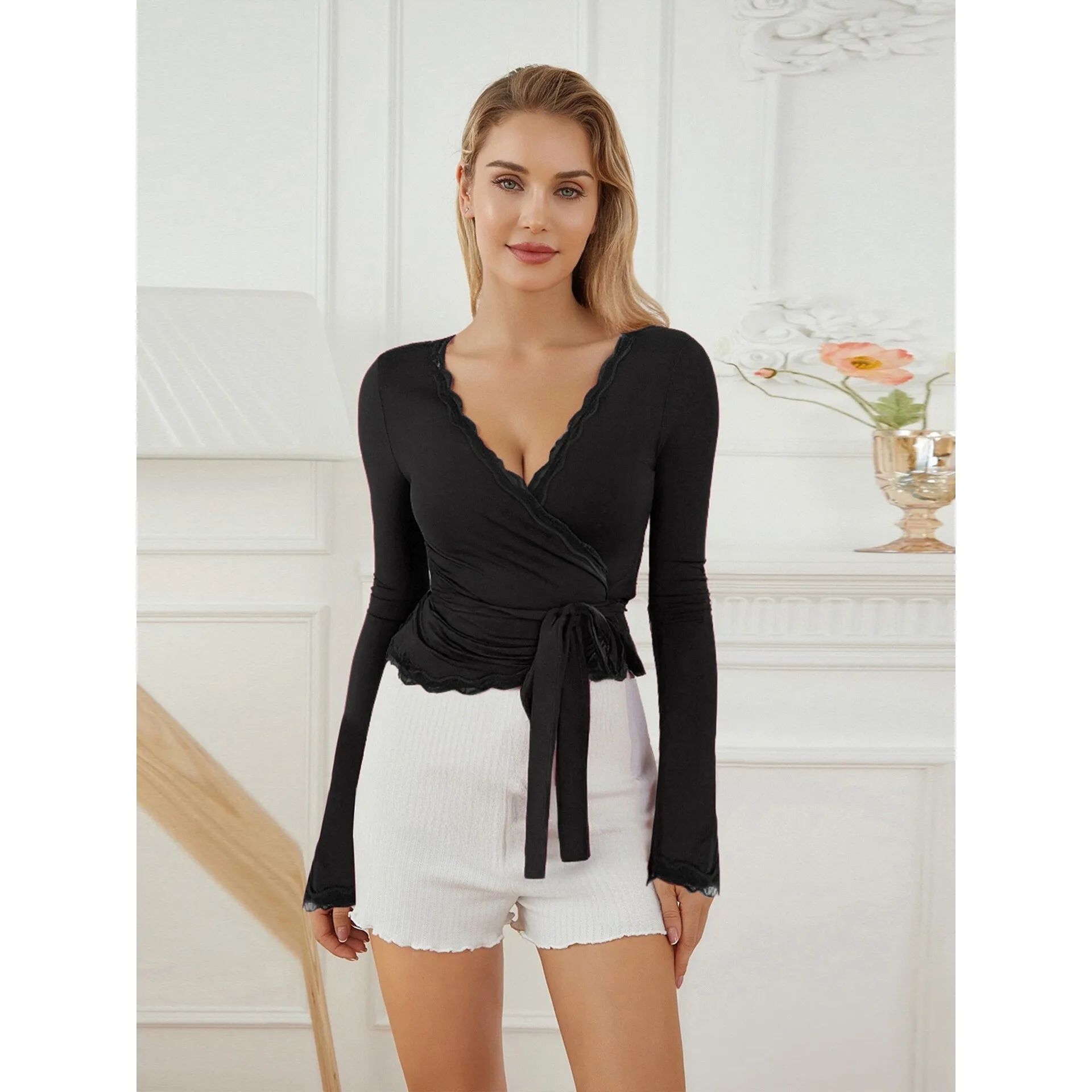 

Women's Long Sleeve V Neck Top Other Style Spring 2026 Regular Sleeve Other Material 100% T-Shirt Ladies Fashion Premium