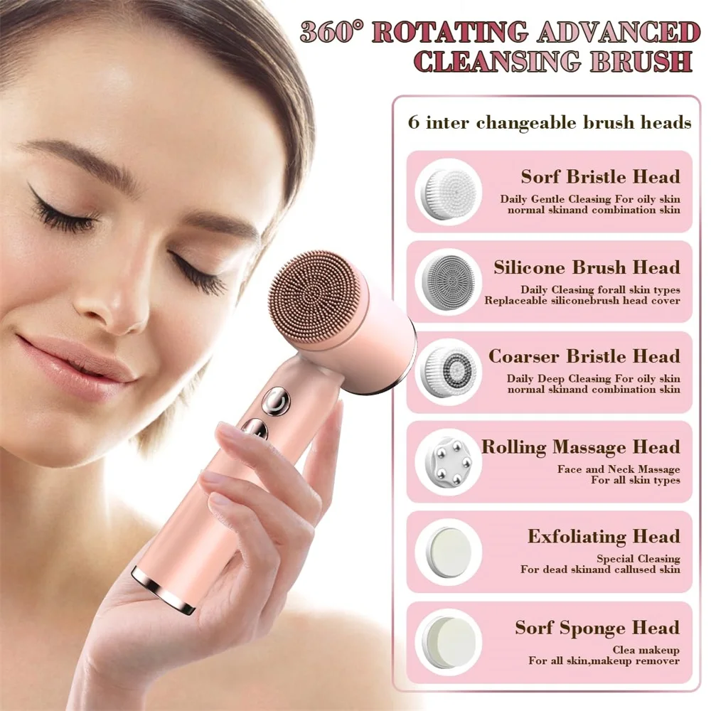 6 In 1 หน้าจอ LED อัลตราโซนิคไฟฟ้าแปรงทําความสะอาดใบหน้าการบีบอัด Therapy Facial Exfoliating Pore CLEANER Blackhead Removal