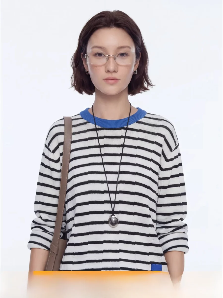 

Женский вязаный свитер Cloud Life с цветными полосками и клавишным узором, свободного кроя, с круглым вырезом, длинными рукавами, из мягкой шерстяной смеси, Весна 2026