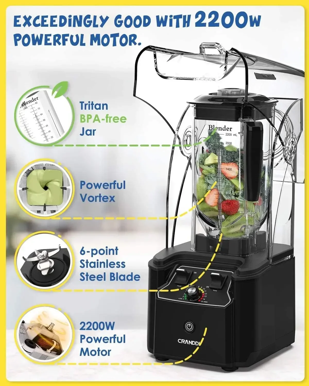 CRANDDI Quiet Commercial Blender with Soundproof Shield, 2200 Watt Professional Blenders for Kitchen with 80oz Jar