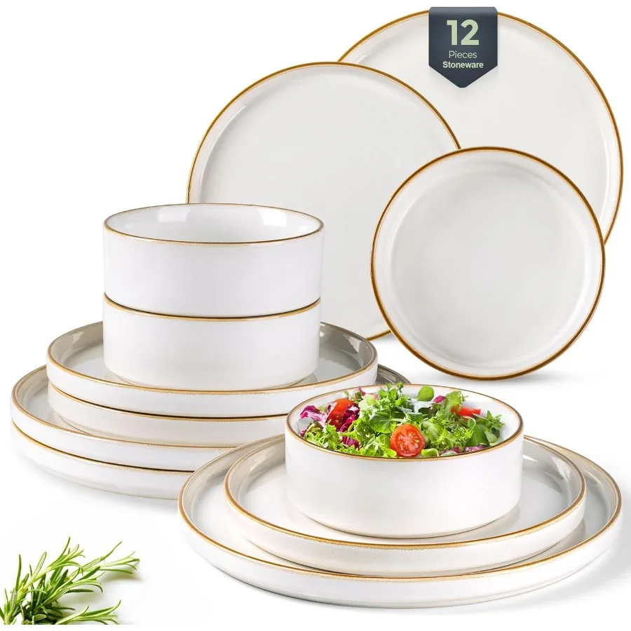 

Ceramic Dinnerware Sets for 4 Including 12 Pieces Stoneware Plates and Bowls with Reactive Glaze Scratch Resistant Design Ideal