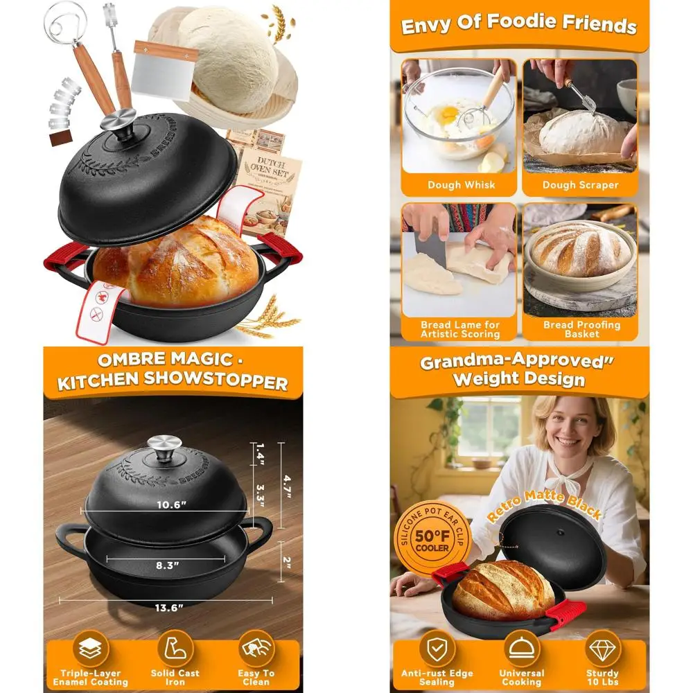 

6-Quart Cast Iron Dutch Oven with Lid for Sourdough Bread Baking - Complete Kit Including Banneton, Dough Tools, Silicone Sling