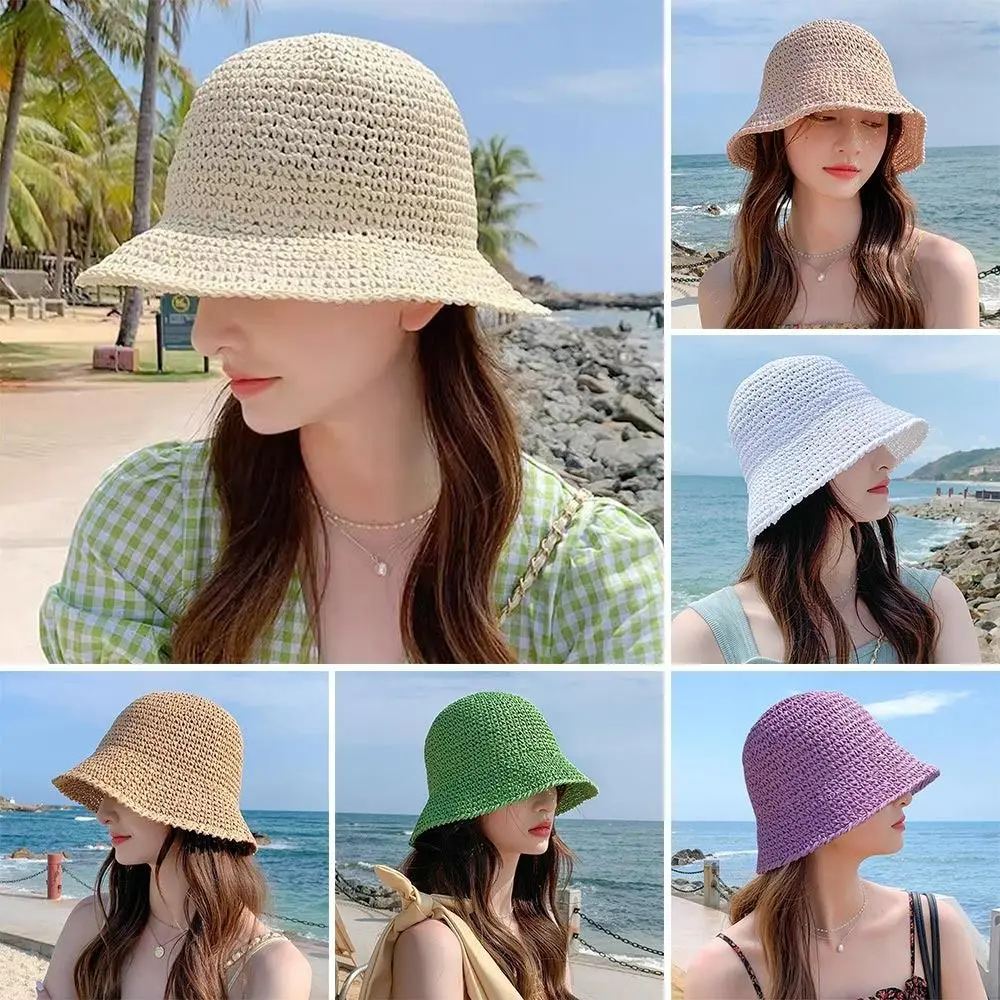 Breathable Straw Bucket Hat Women Wide Brim UV Protection Panama Cap Floppy Foldable Shade Hat