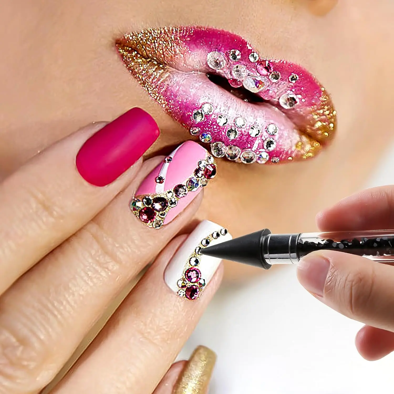 ラインストーンピッカーツール 2個、予備ワックスチップ2個付き、両端が使えるマニキュアネイルアートDIYデコレーションキット（ラインストーンや宝石用）